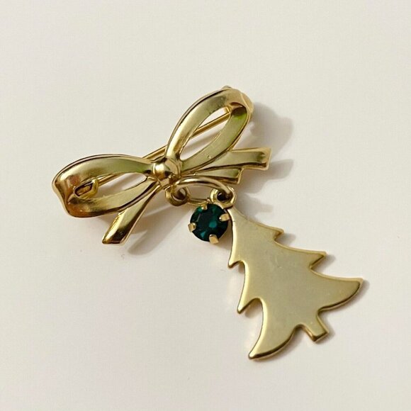 Vintage Christmas Pin Brooch Bow Tree Green Rhinestone Dangle - Picture 4 of 12